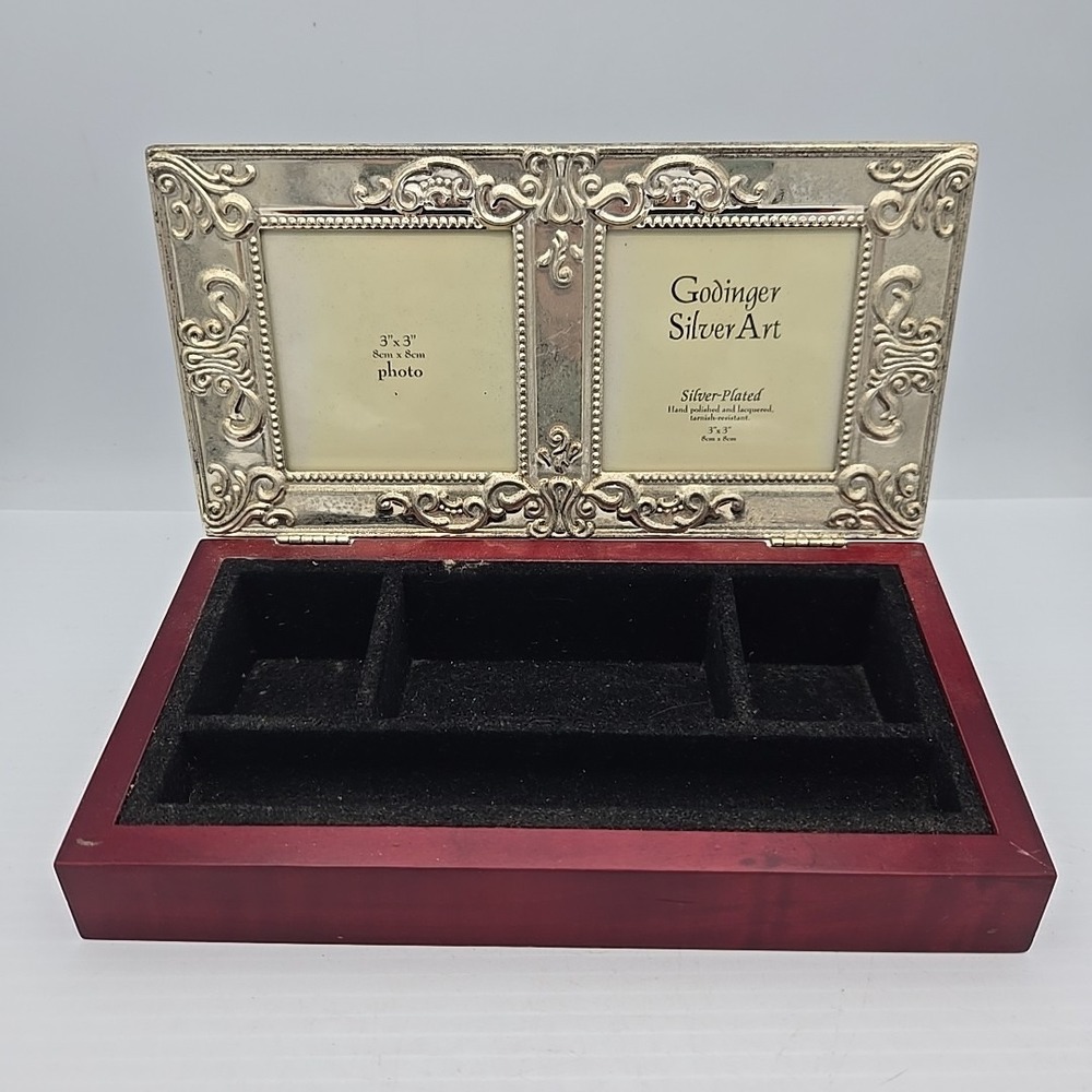 Godinger Silverplated Double Frame Cherry‎ Wood Jewelry/Memento Box